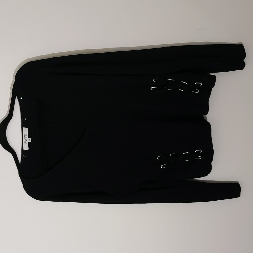 Ness| Black Long Sleeve Shirt With Buckle Laced Pattern Rayon Nylon Blend